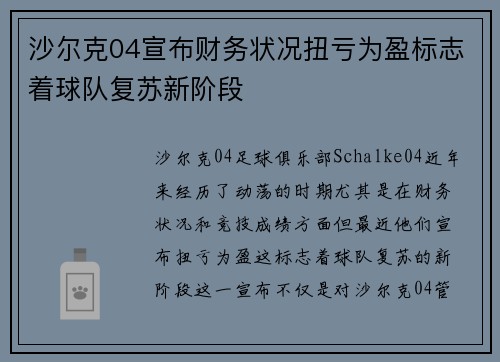 沙尔克04宣布财务状况扭亏为盈标志着球队复苏新阶段