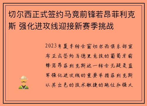 切尔西正式签约马竞前锋若昂菲利克斯 强化进攻线迎接新赛季挑战